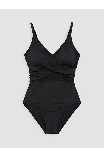LC Waikiki Vizyon New Season Black V-Neck Gathered Women's Gathering Swimsuit