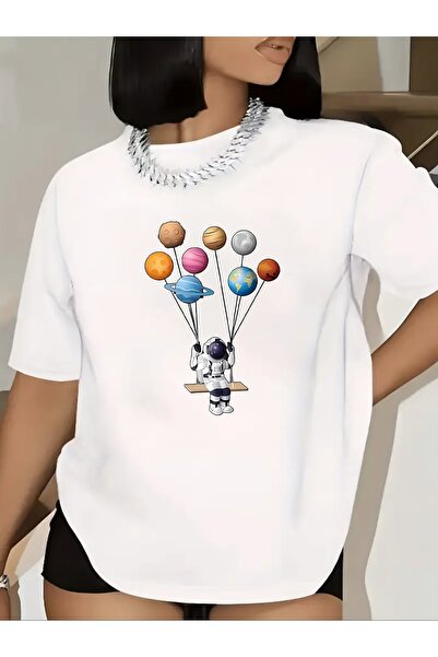 2mcup Black Short-Sleeve T-Shirt Women Made of Featuring an Astronaut Planets...