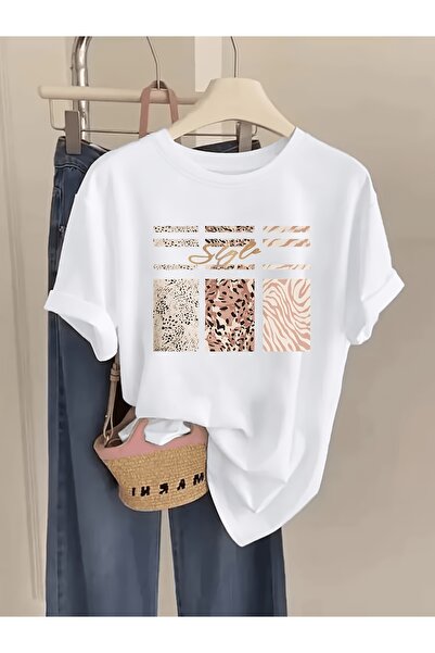 STITCHLY تي شيرت أبيض بتصميم فريد وطبعة حيوانية، قصة فضفاضة، قطعة أساسية للار...