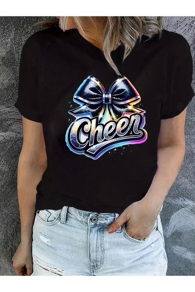 1001 Line Women's Cheer T-Shirt - Neon "Cheer" Sparkling Bow Design, Stretchy...