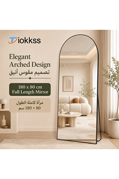 Tiokkss 180x80cm Arched Full Length Mirror, Large Black Slim Frame Floor Mirr...