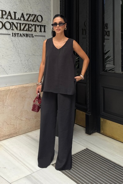 BEJNA Women's V-Neck Sleeveless Blouse Pants Modal Touch Woven Set