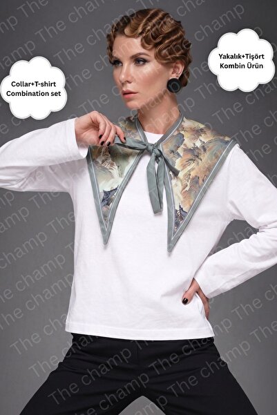 The Champ Clothing Tricou de damă cu mânecă lungă și guler Maison, alb, cu ac...