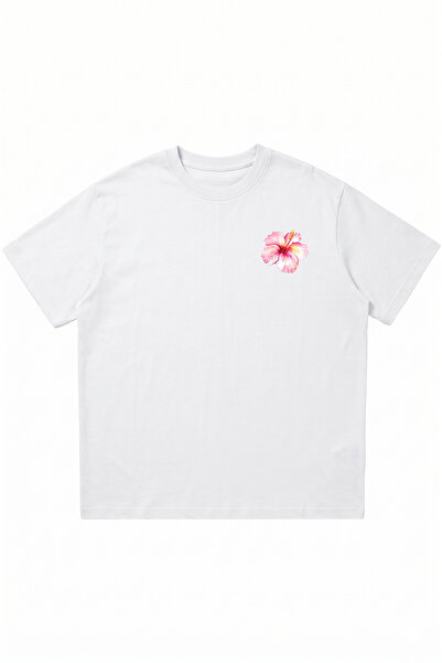 DASH WEAR Hibiscus Printed White Oversize Crew Neck T-Shirt