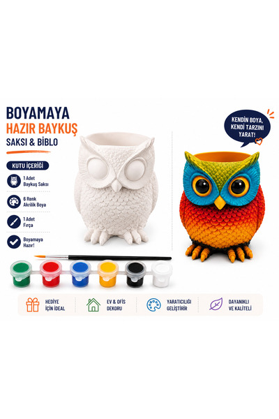 İNCİLİ BAYKUŞ Kendin Boya Baykuş Saksı & Biblo Seti 11 cm – 6 Renk Akrilik Bo...