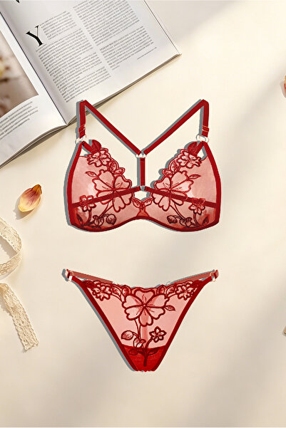 Shengzhou Jinshen Tie Red Floral Lace Lingerie Set For Women Sheer Mesh Embro...