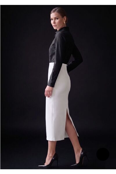 WAYS Women's Ecru Dalgıç Normal Waist Black Midi Skirt with Back Slit