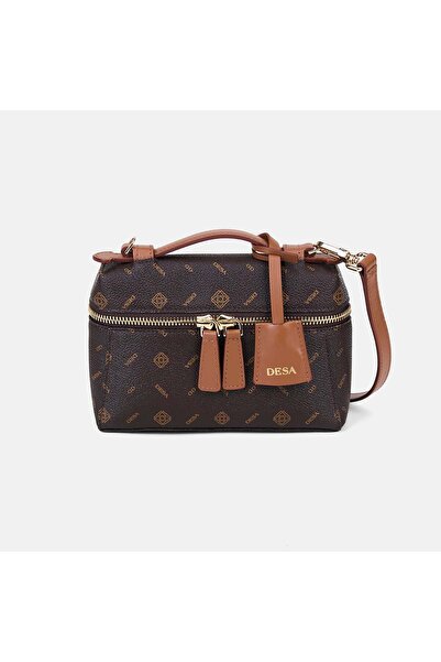 Desa Women's Brown Monogram Logo Double Zipper Handbag