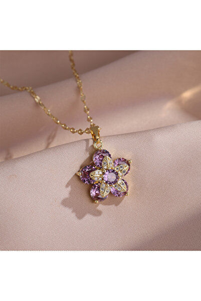 Choice Gold Color A ZAKOL Rotable Flower Pendant Necklace Colorful Pink Cryst...