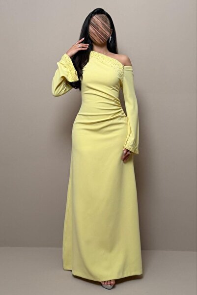 led style Lemon-Colored One-Shoulder Dress with Soft Embroidery