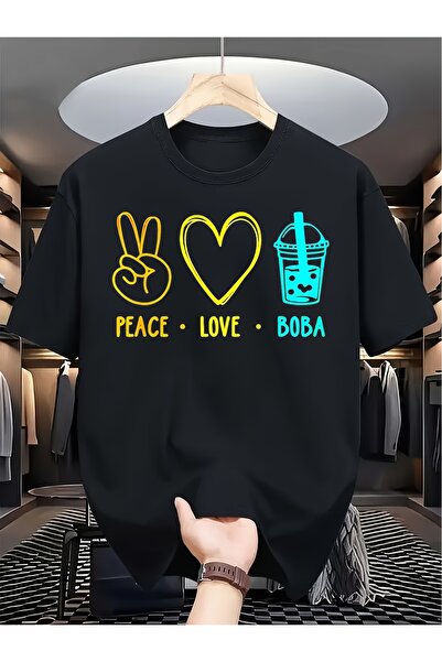 12 Teknoloji تي شيرت رجالي بطبعة Peace Love Boba Graphic Lover Drinker Bubble...