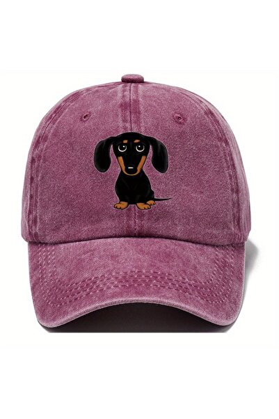 Choice1 Adjustable Burgundy Retro washed baseball cap with dachshund print, c...