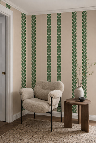 Arkhearts Laurea Cream Floor Green Leaf Patterned Glue Wallpaper
