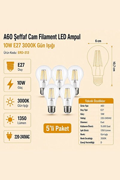 Heka A60 Şeffaf Cam Filament LED Ampul 10W E27 3000K Gün Işığı ERD-313 5'li