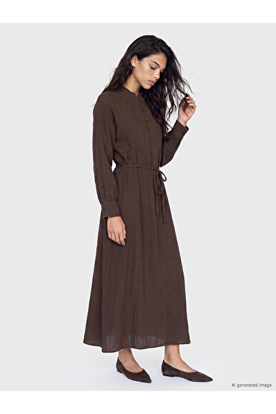 LC Waikiki Lcw Modest Brown High Neck Belted Dress