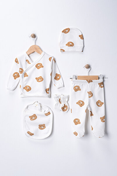 Noone 5 Piece Hospital Discharge Set Teddy Bear Printed 100% Cotton Ribbed Ne...