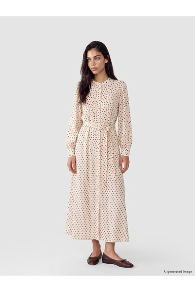 LC Waikiki Lcw Modest Ecru High Neck Belted Polka Dot Dress