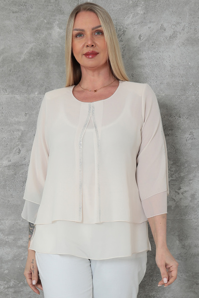 KİFAYET Plus Size Women's Blouse Double Layer Chiffon Front Stone Stripe Crew...