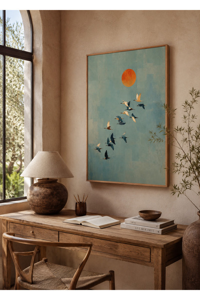 Boho wellness studio Ahşap Çerçeveli Turuncu Güneş ve Uçan Kuşlar Minimalist ...