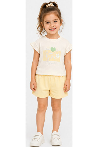 İrem Çocuk Giyim Girl's T-Shirt with Ruffled Sleeves and Flower Lettering, Fl...
