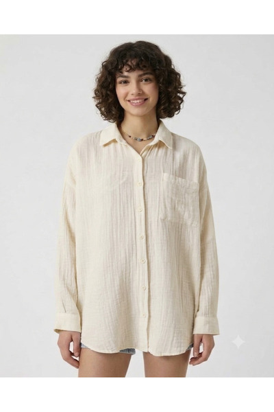 Royteks Fashion Kadın Müslin Kumaş Oversize Tek Cepli Şık Gömlek
