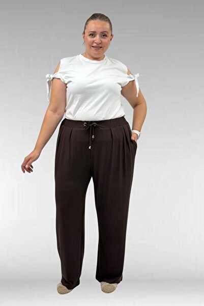 Eslina 59002 Plus Size Pleated Detailed Combed Cotton Trousers - Dark Brown