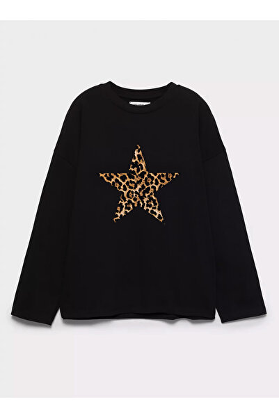 Disante %100 Pamuk Oversize Fit Leopard Star Baskılı - Bisiklet Yaka Uzun Kol...