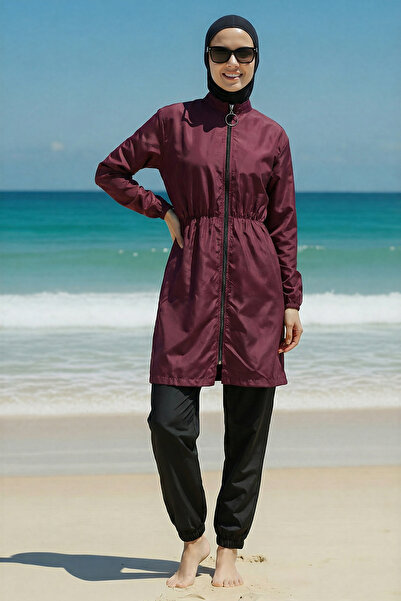 armonika 3-Piece Set Elastic Waist High Collar Burkini Hijab Swimsuit Claret Red
