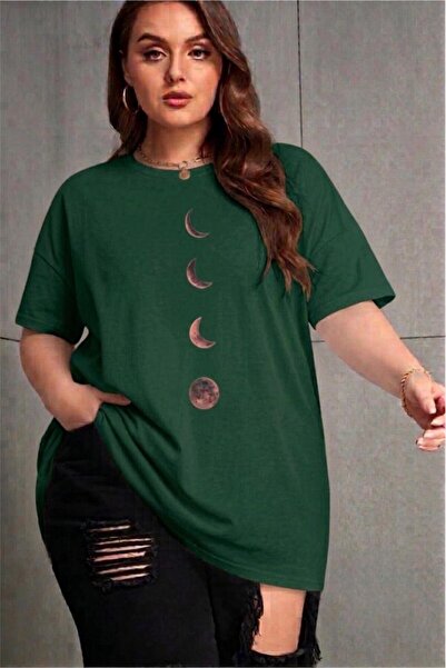Oksit Moon Women's Large Size Oversized Printed Crew Neck Cotton T-Shirt Rela...