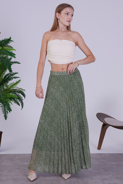 sehatex Patterned Lined Pleated Chiffon Skirt with Elastic Waistband