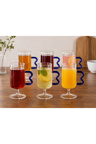 ASSA BAZAAR 6 Li Blue Borosilicate Glass Latte Cup with Handle and Foot |   H...