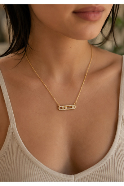 ANKA JEWELLRY GOLD RENK ÇENGELLİ İĞNE TASARIMLI ZİRKON TAŞLI KADIN ÇELİK KOLYE