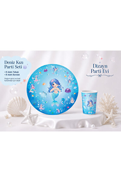 Dizayn Parti Evi Deniz Kızı Temalı Karton Tabak ve Bardak Seti 8 Kişilik Doğu...