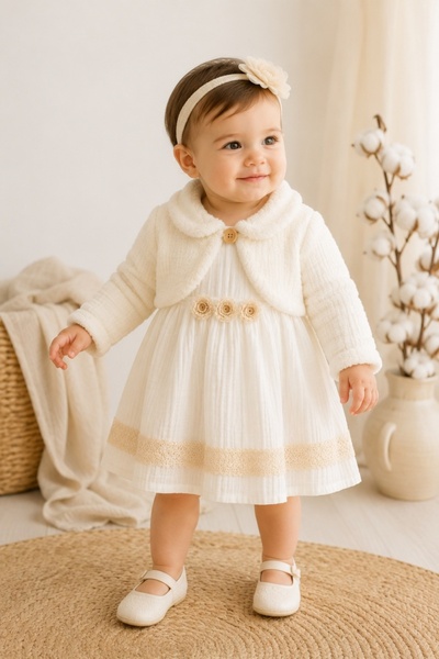 Pure Boutique Rochita eleganta bebe fetita ivoire cu bolero pufos pentru bote...