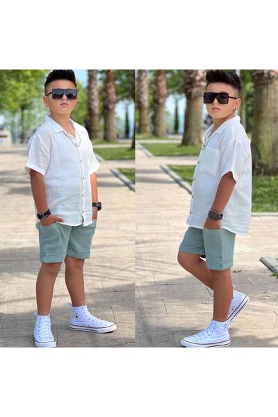 YUSRAMODA ERKE ÇOCUK MÜSLİN KETEN GÖMLEK ŞORRT TAKIM