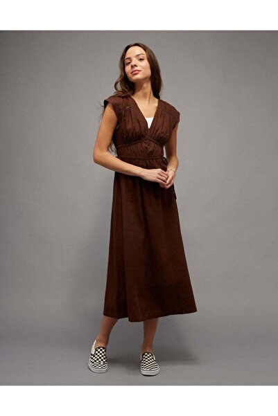 AMERICAN EAGLE AE Ruched Linen-Blend Midi Dress