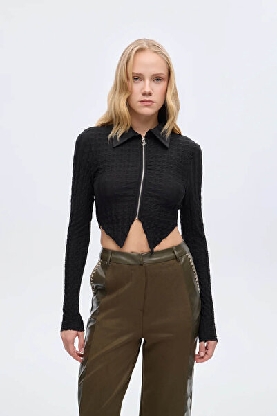 Quzu Waffle Textured Zippered Crop Black Women's Blouse Blz01121