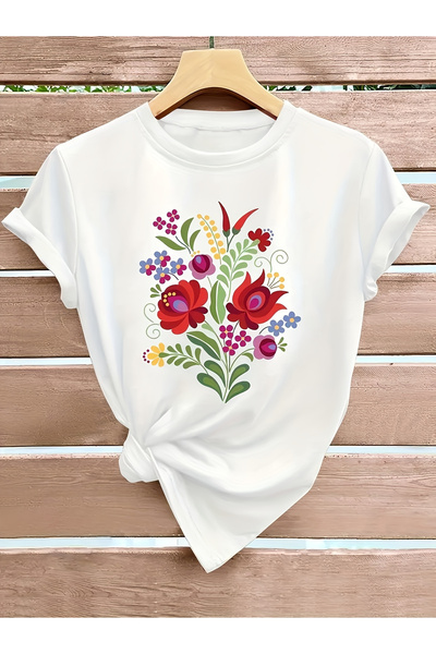 23 nisan Women's Mexican-style Floral Print Short-sleeve T-shirt- Vibrant Bot...