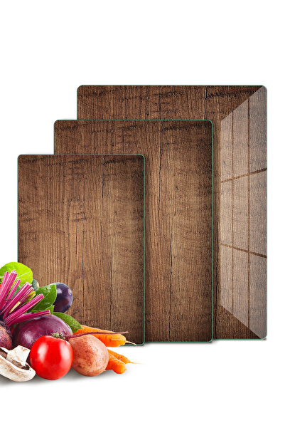 Decovetro 3'lü Cam Kesme Tahtası ve Sunumluk Eski Ahşap Desenli 20 x 30, 25 x 35 ve 30 x 40 Cm