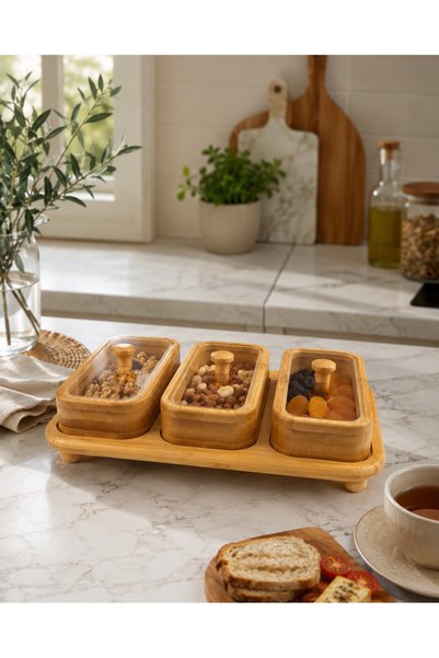 ALLEGRI Bamboo 7-Piece Ball-Legged Stand with Plexiglass Cover, 3-Piece Oval Snack Bowl for Breakfast