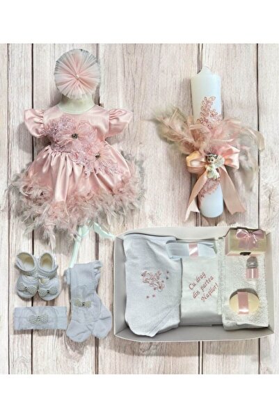 Botez cu Alina Set complet botez fetita Mia cu pene si maneca scurta - roz pr...