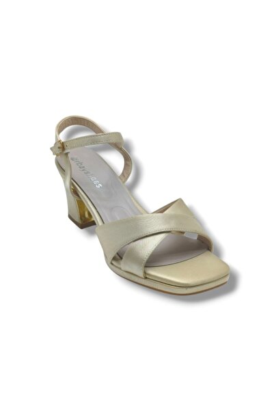 ERBAY 508-26 Shiny Satin Cross Strap Thick Heel Women's Sandals