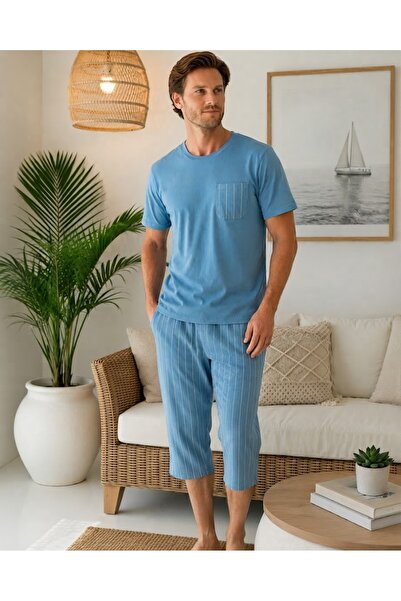 İpek Men's Short Sleeve Crew Neck Striped Patterned 100% Cotton Capri Pajama Set