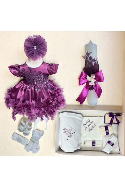 Botez cu Alina Set complet botez fetita Mia cu pene si maneca scurta - mov