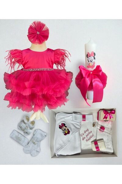 Botez cu Alina Set botez Amira maneca scurta cu trena si volane - siclam fucsia