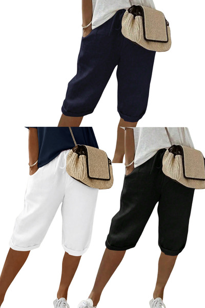 BLUE STREET Set of 3 Black-White-Navy Blue Women's Comfortable Cut Capri Shor...