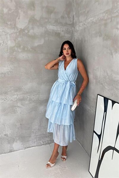 Neşeli Butik Rochie midi pentru femei, albastru bebeluș, cu guler dublu, stra...