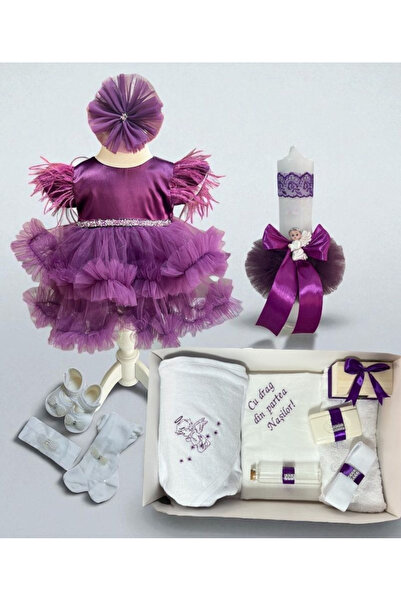 Botez cu Alina Set botez Amira maneca scurta cu trena si volane - mov