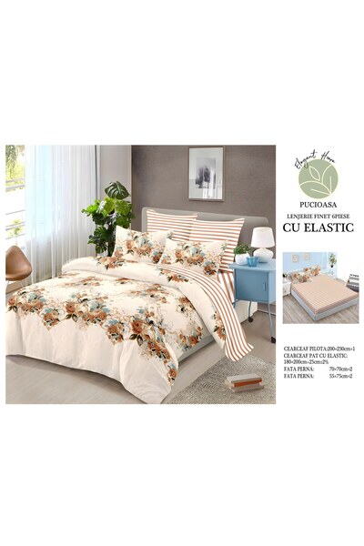naniland.ro Lenjerie de Pat Bumbac Satinat 2 Persoane 6 Piese cu Elastic 180x...