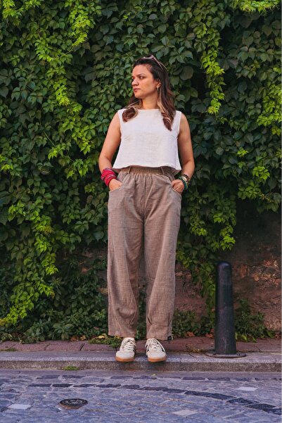 Oiki Kadın Kolsuz Keten Bluz Krem Renk İnce Crop